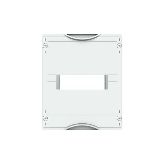 Ein rechteckiger, weißer Kunststoffrahmen mit einer zentralen rechteckigen Aussparung und Befestigungslöchern an den Ecken. Geeignet zur Montage in elektrischen Schaltanlagen.