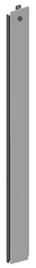 Vertikales graues Metallstück mit schmalem Streifen an der linken Seite und einem kleinen schwarzen Kreis oben.