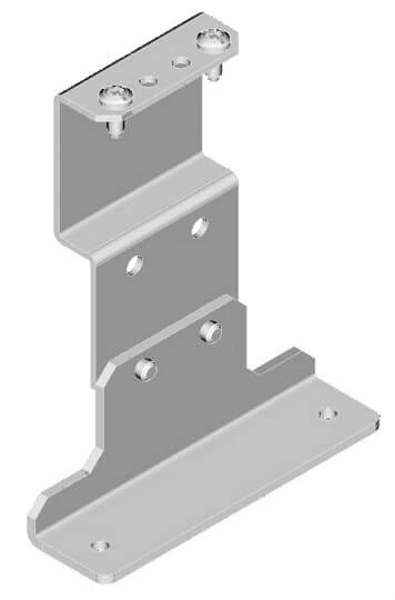 Metallhalterung mit mehreren Bohrungen und Schrauben. Sie dient zur Befestigung oder Unterstützung in mechanischen Konstruktionen.