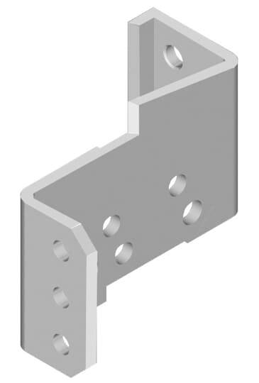 3D-Darstellung eines grauen Metallwinkels mit mehreren Lochbohrungen für Befestigungszwecke.