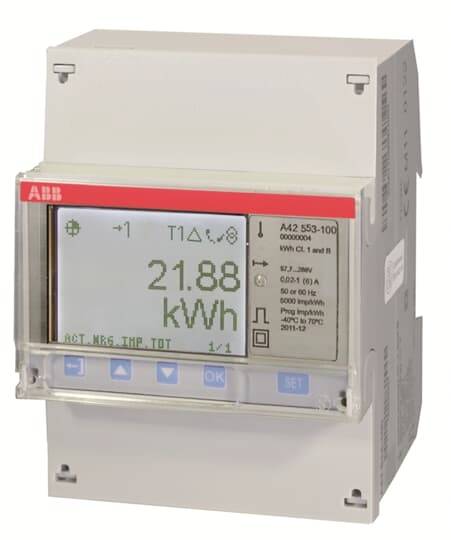 Ein grauer elektrischer Messzähler zeigt '21.88 kWh' auf seinem Display an. Einige Tasten unten ermöglichen verschiedene Einstellungen.