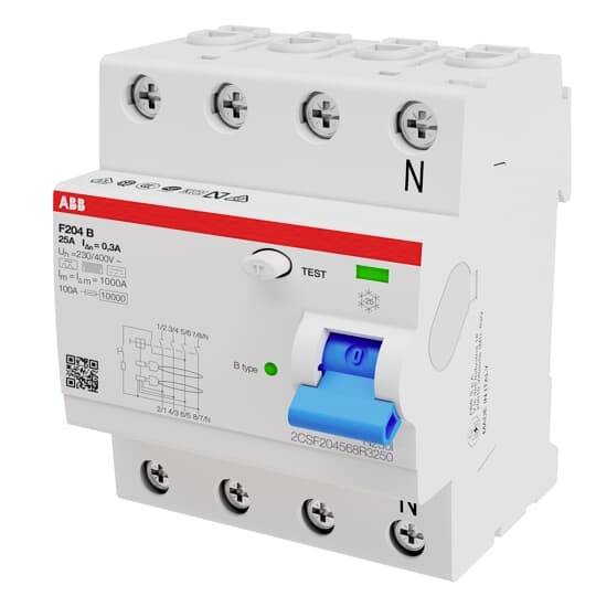 Der Bild zeigt einen FI-Schutzschalter von ABB, Modell F204 B. Er hat vier Pole, eine Testtaste und eine blaue Kippschalter.