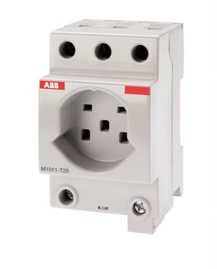 Elektrischer Verteilerblock mit drei Anschlussmöglichkeiten, geeignet für die Befestigung in Schaltschränken.