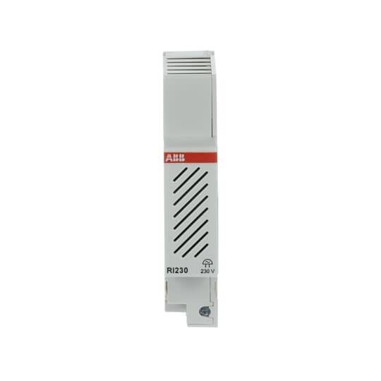 Ein graues ABB-Signalgerät RI230 für elektrische Installationen, Spannungsangabe 230 V, mit rotem Logo.