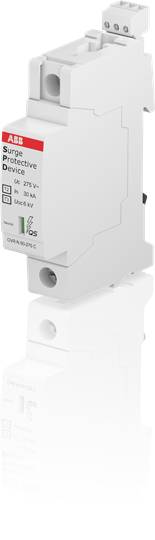 Ein weißes Schutzgerät von ABB gegen Überspannung, mit technischen Details auf der Vorderseite. Es ist zur Anwendung in elektrischen Installationen gedacht.