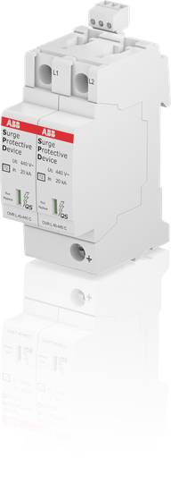 Überspannungsschutzgerät mit zwei Anschlussklemmen. Es schützt elektrische Systeme vor Spannungsspitzen. Herstelleretikett zeigt ABB.