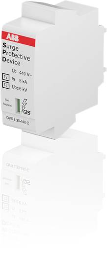 Ein Überspannungsschutzgerät mit Kennzeichnung 'ABB', geeignet für 460 V und 5 kA. Das Gerät ist weiß und für elektrische Schaltschränke konzipiert.