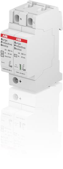 Ein Überspannungsschutzgerät von ABB, weiß, mit technischer Beschriftung und zwei Anschlüssen für L und N. Geeignet für 350 V, 20 kA.