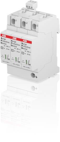Überspannungsschutz von ABB mit drei Phasen (L1, L2, L3), Nennspannung 230/400 V, Schutzklasse 1, geeignet für Gebäudeinstallation.