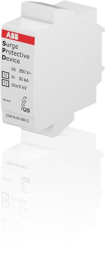 Weißes Überspannungsschutzgerät von ABB mit rotem Logo. Technische Daten: Uc 350 V~, Imax 30 kA, Uoc 6 kV, OVR N 80-350 C.