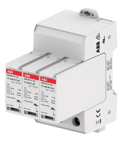 Überspannungsschutzgerät der Marke ABB mit drei Steckmodulen, geeignet für Photovoltaikanlagen, schützt vor Überspannungen.