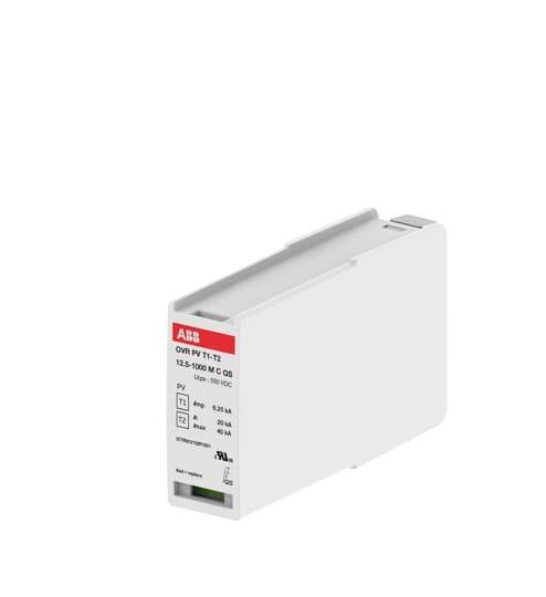 Weißes elektrisches Gerät mit Modellbezeichnung 'OVR PV T1-T2'. Schützt vor Überspannung. Herstellername und technische Details sind sichtbar.