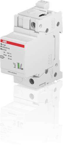 Überspannungsschutzgerät von ABB in seitlicher Ansicht mit rotem Label, geeignet für 6 kA/40 kA, mit grüner und klarer Anzeige.