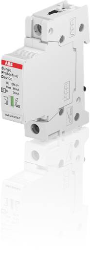Überspannungsschutzgerät von ABB, weiß, schmale Bauweise, eignet sich für DIN-Schienenmontage. Unternehmensemblem oben links.