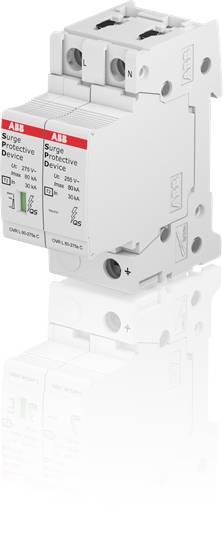 Überspannungsschutzgerät von ABB mit grüner Anzeige, geeignet für 275V, 50kA, 35mA.