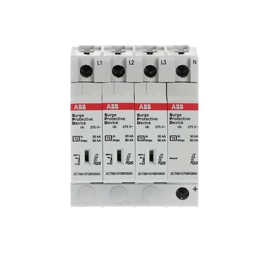 Ein Überspannungsschutzgerät mit vier Schaltern, gekennzeichnet als L1, L2, L3 und N. Es bietet Schutz bei 20 kA und 275 V AC.