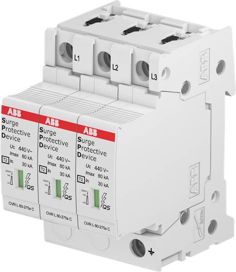 Das Bild zeigt ein Überspannungsschutzgerät mit drei Phasen (L1, L2, L3) von ABB, ausgelegt für 440 V und 80 kA Schutz.