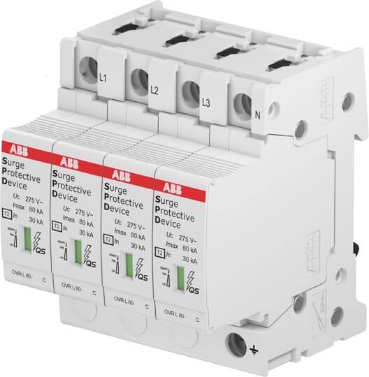 Überspannungsschutzgerät mit mehreren Sicherungen, gekennzeichnet mit 'L1', 'L2', 'L3' und 'N', zur Verteilung elektrischer Ströme.