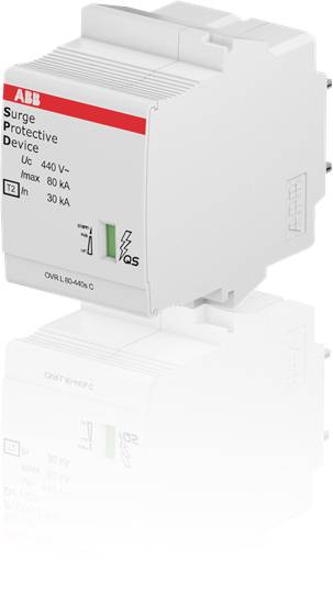 Überspannungsschutzgerät von ABB, zugelassen für 440 V~, Imax 80 kA, sieht rechteckig mit roten und grünen Markierungen aus.