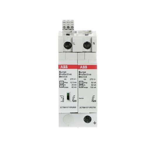 Überspannungsschutzgerät von ABB, Modellnummer 2CTB815751R0200, mit zwei Schutzmodulen gekennzeichnet als L und N, für 275 V.