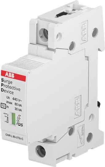 Überspannungsschutzgerät mit einem maximalen Strom von 80 kA und Spannung bis 440 V. Gehäuse in Weiß mit rotem und schwarzem Text.