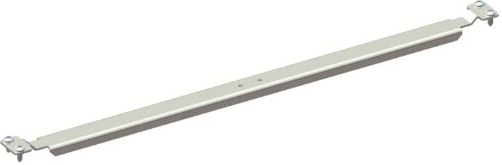 Ein langer, schmaler Metallstab mit Befestigungselementen an beiden Enden, möglicherweise Teil einer Halterung oder Stützelement.