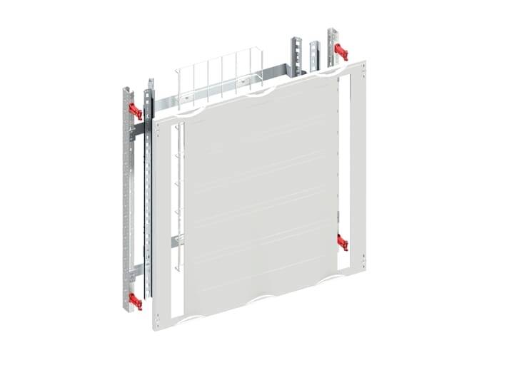Technische Zeichnung eines Wandmoduls mit Metallrahmen und Befestigungen. Zeigt die Struktur und Komponenten des Systems.