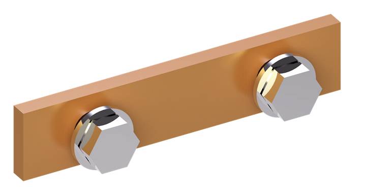 Eine orange Metallplatte mit zwei befestigten, glänzenden Muttern.