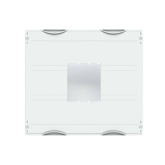 Weiße quadratische Tafel mit Wand- oder Deckenhalterungen und zentralem Spiegel. Geeignet für Besprechungen oder Präsentationen.
