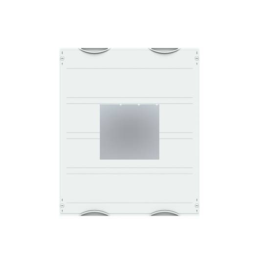 Ein weißes Schaltkasten-Cover mit zentralem, quadratischem, grauem Bereich. Geeignet für industrielle oder technische Anwendungen.