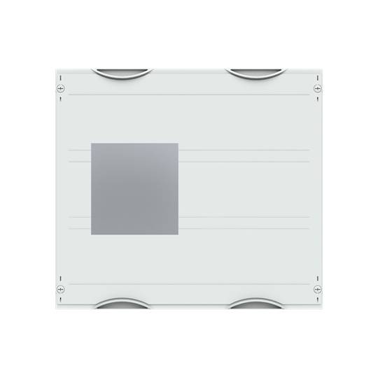 Graues Quadrat in der Mitte eines weißen Rechtecks mit symmetrischer Anordnung. Minimalistisches Design, geometrische Anordnung.