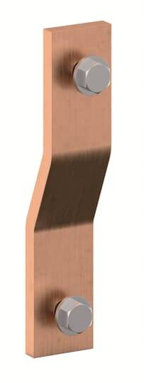 Kupferverbindungsschiene mit zwei Sechskantschrauben, die zur elektrischen Verbindung oder Erdung verwendet wird.