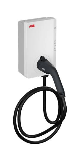 Ladestation für Elektrofahrzeuge mit angeschlossenem Kabel, an der Wand montiert.