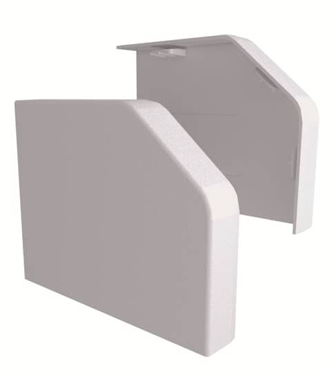 Zwei weiße, rechteckige Platten, die möglicherweise Teile eines größeren Objekts oder Gehäuses sind, stehen nebeneinander.