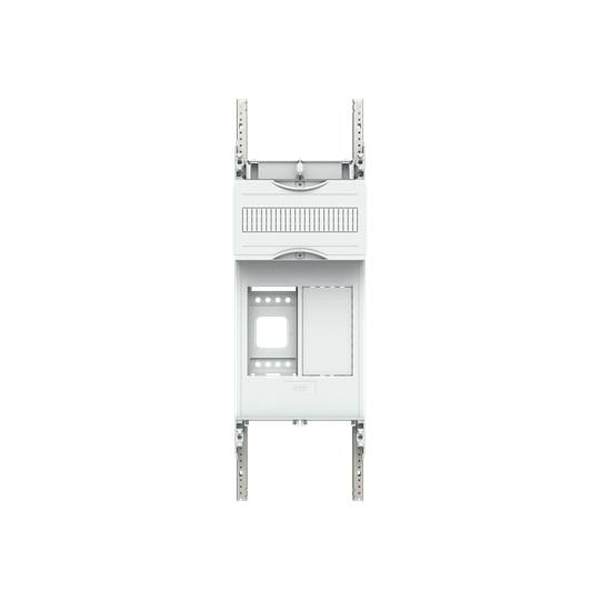 Ein weißes Montagemodul für Wandschränke mit Metallschienen oben und unten, geeignet für elektrische oder Netzwerkverkabelungen.