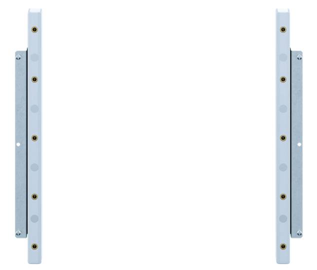Zwei vertikale, parallele Metallleisten mit mehreren runden Löchern.