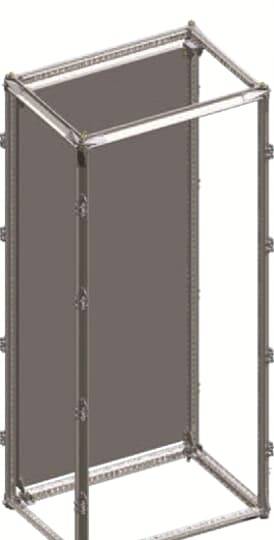 Metallrahmen eines rechteckigen Schranks, offen an Vorder- und Rückseite, mit sichtbaren Verstrebungen und Eckverbindungen.