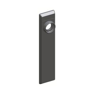 Ein rechteckiges, vertikal stehendes, dunkelgraues Bauteil mit einer runden Öffnung nahe der Oberkante, wahrscheinlich für mechanische Zwecke.
