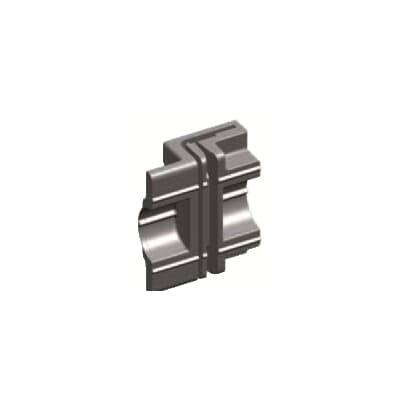 Ein einzelnes, metallisches Maschinenteil mit symmetrischem Design, bestehend aus klaren Kanten und flachen Oberflächen.