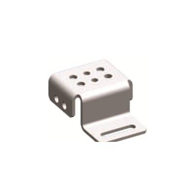 Metallhalterung mit mehreren Löchern, geeignet für Montage oder Befestigungen. Quadratische Form mit abgerundeten Kanten.