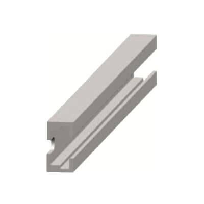 Graues, T-förmiges Profilstück, wahrscheinlich aus Metall oder Kunststoff, mit einer Nut entlang der Mitte, wahrscheinlich ein Verbindungselement.