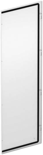 Eine weiße, rechteckige Tür mit schmalem, schwarzem Rahmen, zeigt sich von der Seite. Die Oberfläche ist glatt und reflektierend.