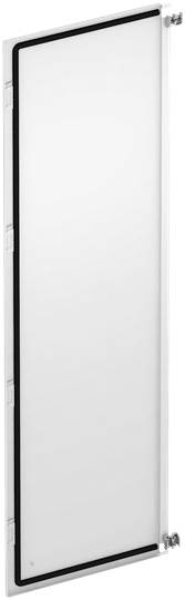 Eine lange, schmale, weiße Tür mit schwarzem Rand und Metallscharnieren, die zur linken Seite geöffnet werden kann.