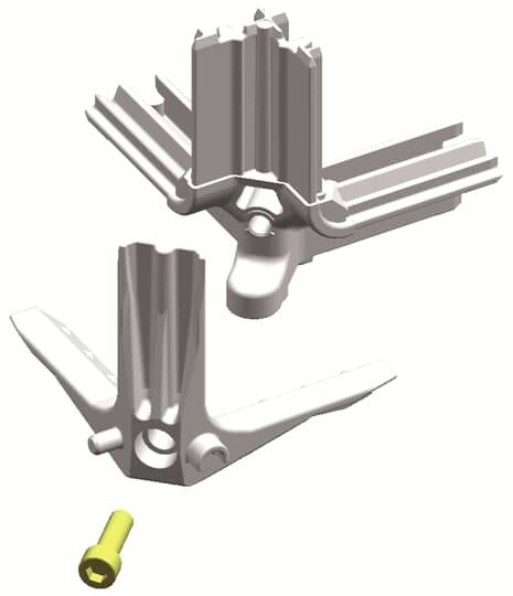 Zwei dreidimensionale metallische Bauteile mit Flügeln, dargestellt über und untereinander, mit einer gelben Schraube darunter.
