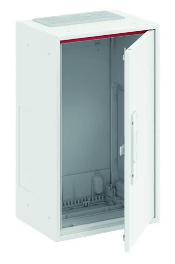 Ein geöffneter, leerer weißer Metallschrank mit rechteckiger Form. Die Tür ist teilweise geöffnet.