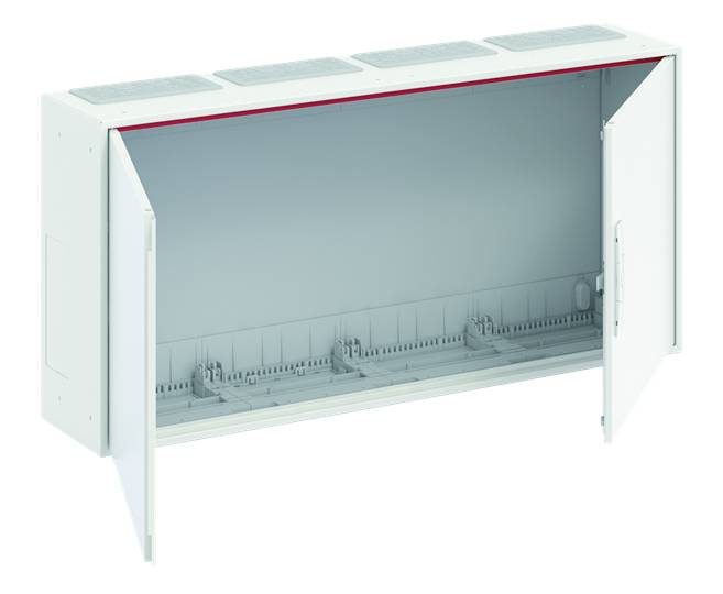 Offener weißer Metallschrank mit zwei Türen und mehreren Fächern im Inneren, geeignet für die Lagerung von elektrischen Geräten.