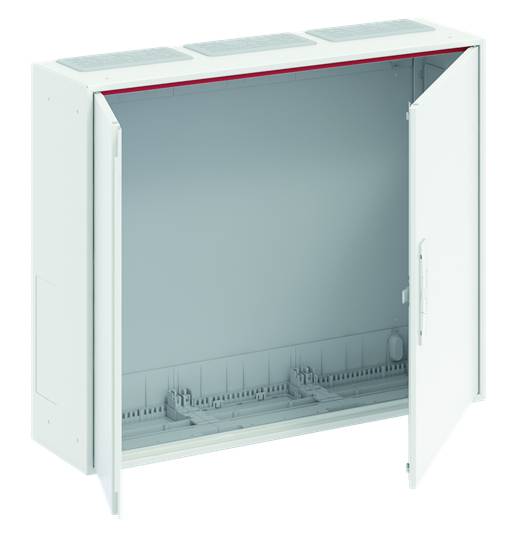 Ein weißer, leerer Metallschrank mit zwei geöffneten Türen, geeignet zur Aufbewahrung von Elektroanlagen oder Kabeln.