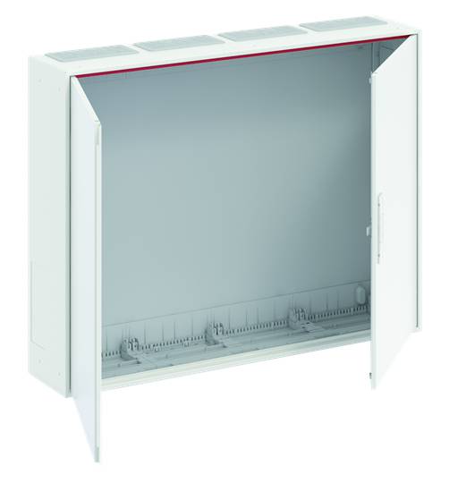 Ein leerer weißer Schrank mit geöffneten Türen zeigt einen geräumigen Innenraum. Eventuelle Anwendungen könnten die Aufbewahrung oder Montage verschiedener Geräte umfassen.