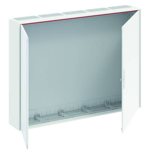 Metallgehäuse mit geöffneten Doppeltüren, zeigt leeren Innenraum mit Halterungen. Geeignet für Elektroinstallationen.