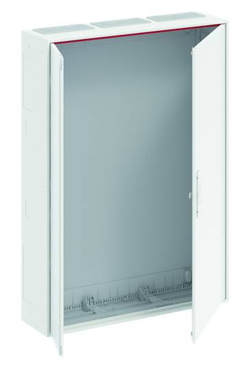 Weißer elektrischer Verteilerkasten mit geöffneter Tür, zeigt Innenraum ohne sichtbare elektrische Komponenten.